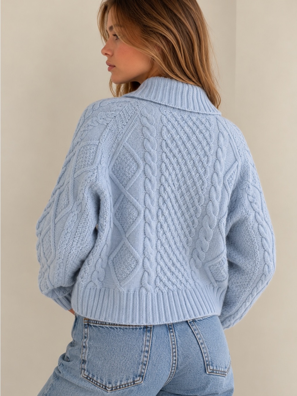 Aritzia Sunday Best Light Blue Cable Knit Zip-Up Sweater